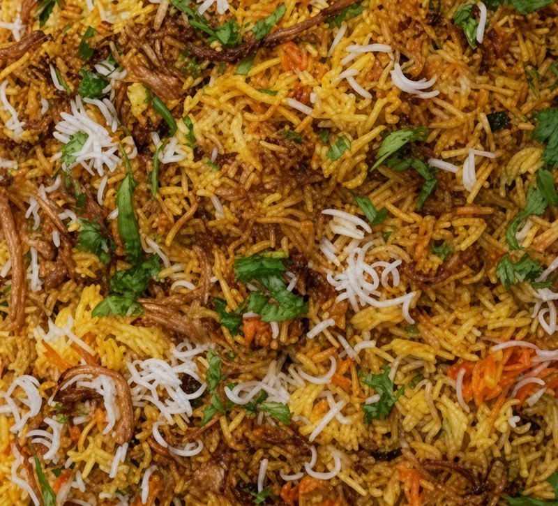 Lamb biryani, basmati rice cooked with lamb and spices at Darbar Restaurant, downtown Saskatoon